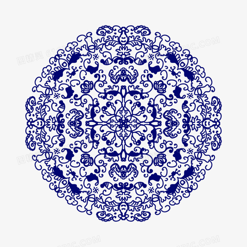 手绘青花瓷中式花纹免抠元素