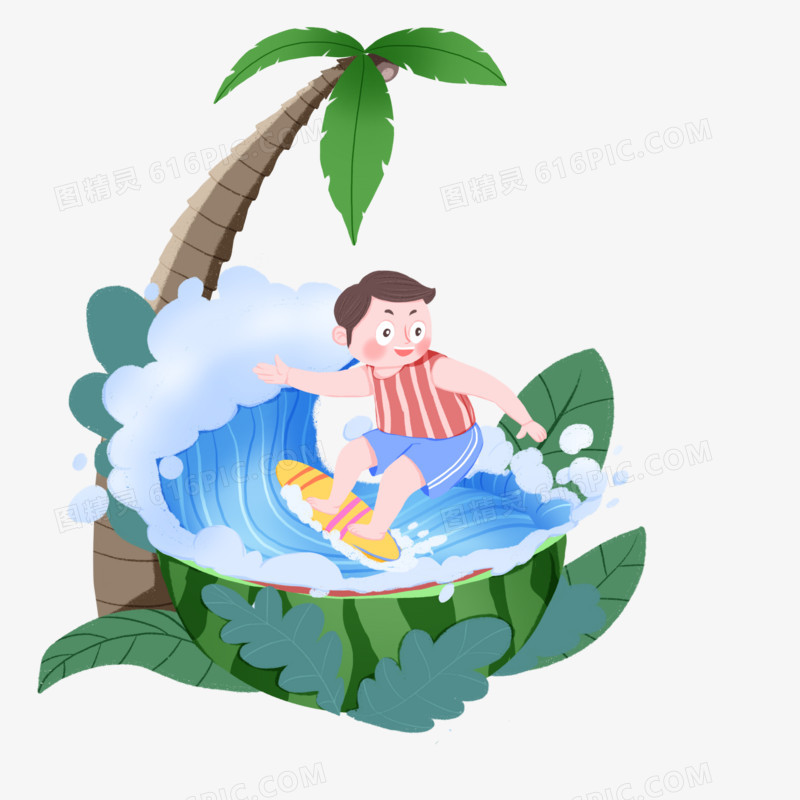 手绘卡通冲浪微景观素材