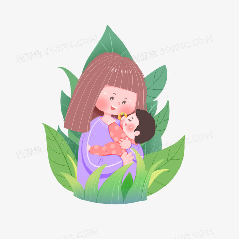 手绘卡通妈妈怀抱婴儿素材