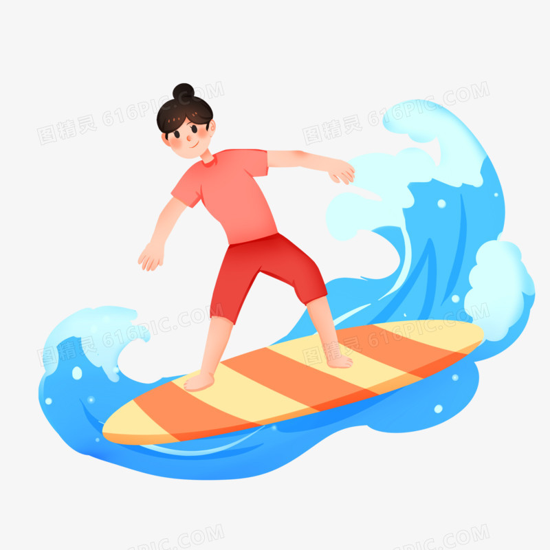 手绘卡通夏天冲浪的女生免抠素材