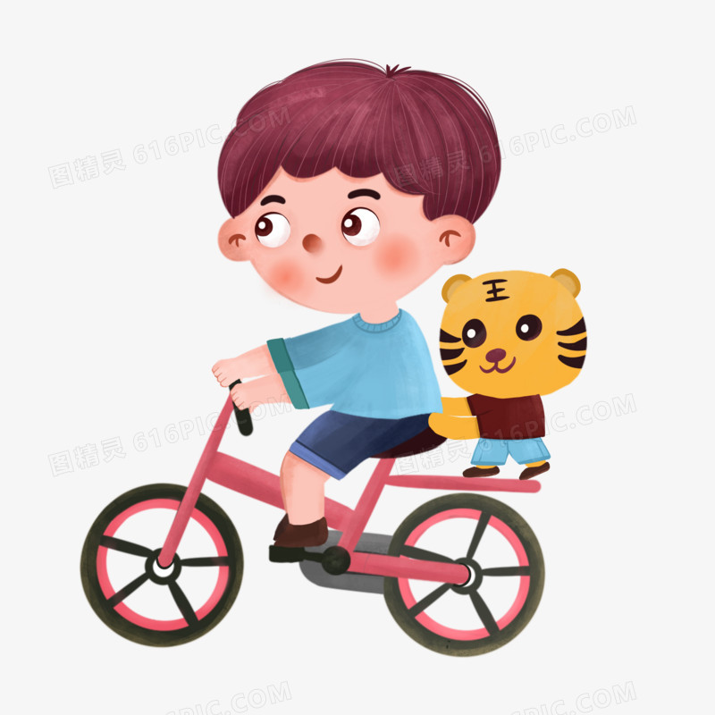手绘小男孩和宠物猫咪骑车元素
