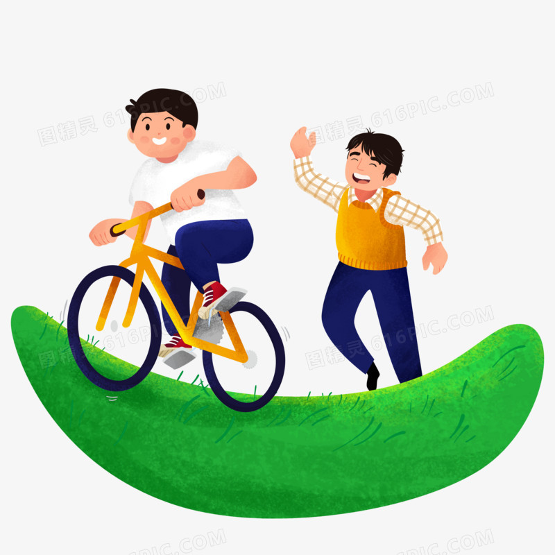 手绘卡通父亲教孩子骑单车素材