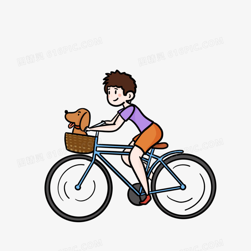 卡通手绘男孩带宠物骑行素材