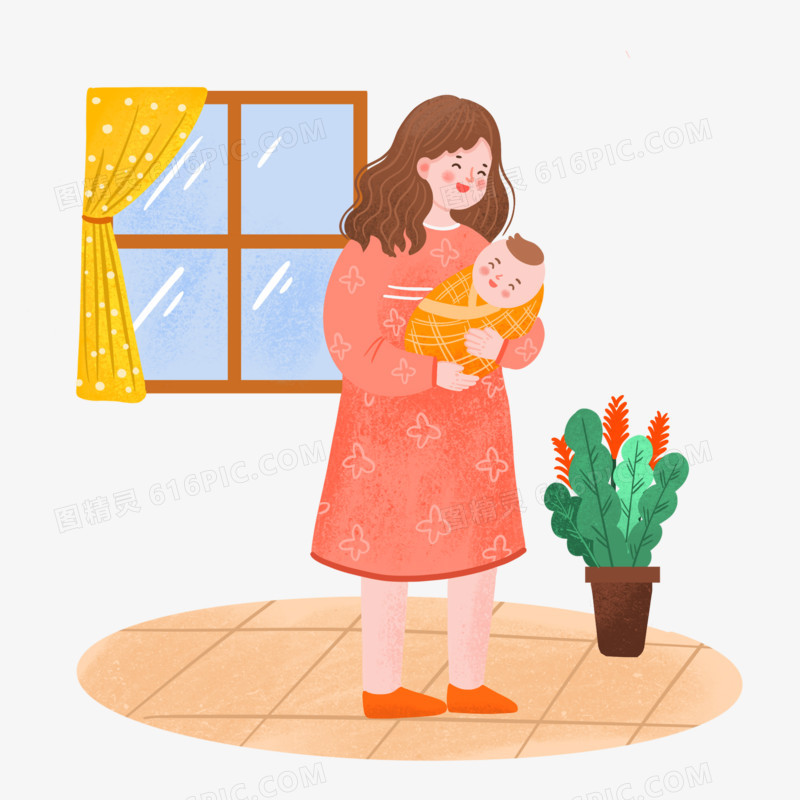 手绘卡通妈妈拥抱婴儿插画免抠元素