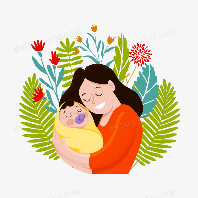 手绘妈妈拥抱婴儿免抠素材