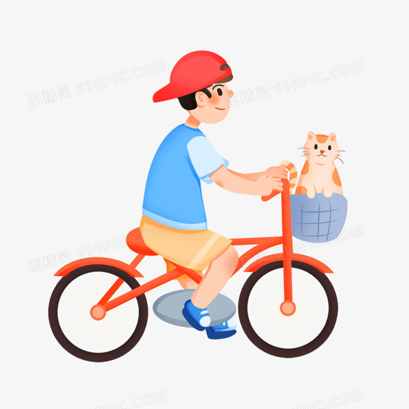 手绘卡通小男孩带着猫骑车免抠素材