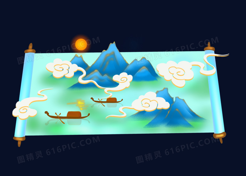 手绘中式国潮山水卷轴素材