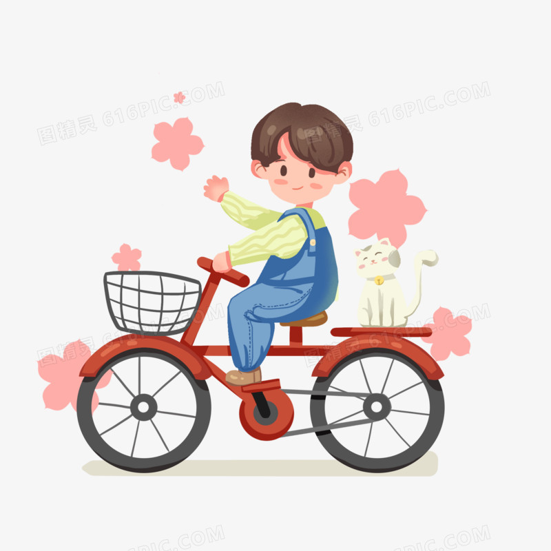 卡通手绘男孩骑单车免抠元素