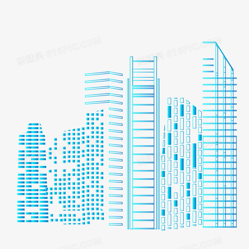 手绘渐变蓝色抽象点状城市免抠效果素材