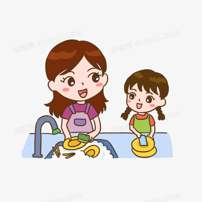 手绘卡通孩子跟妈妈一起洗碗元素