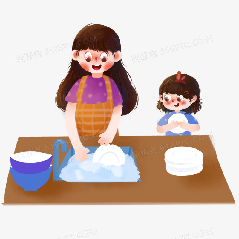 卡通手绘母女洗碗元素