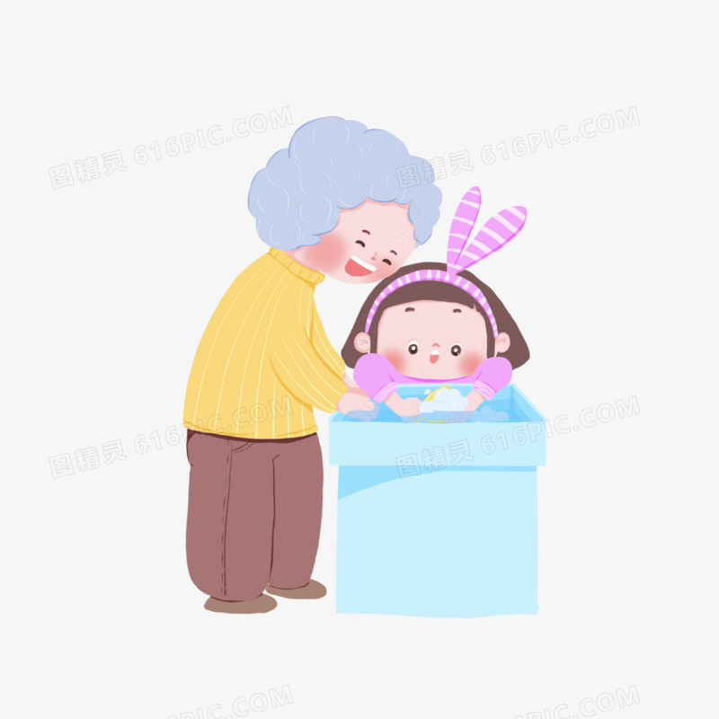 手绘卡通奶奶孩子一起洗碗素材