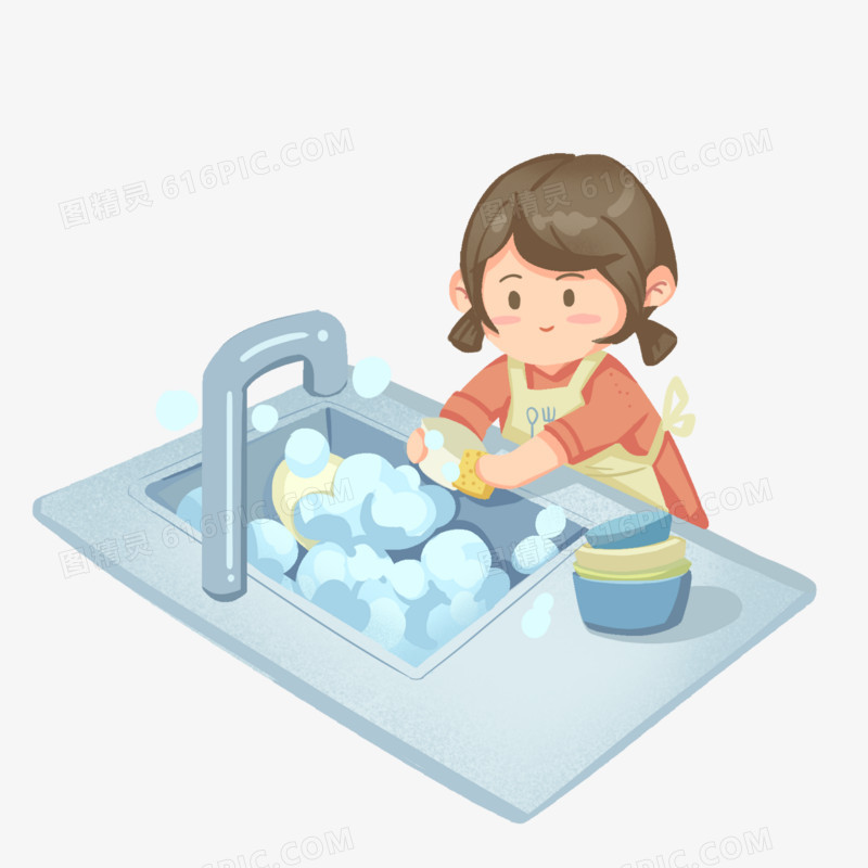 卡通手绘洗碗的小女孩素材