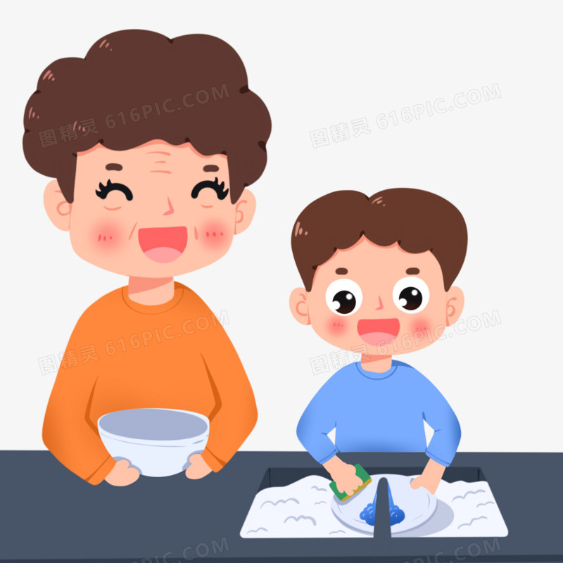 手绘小男孩在帮奶奶洗碗免抠素材