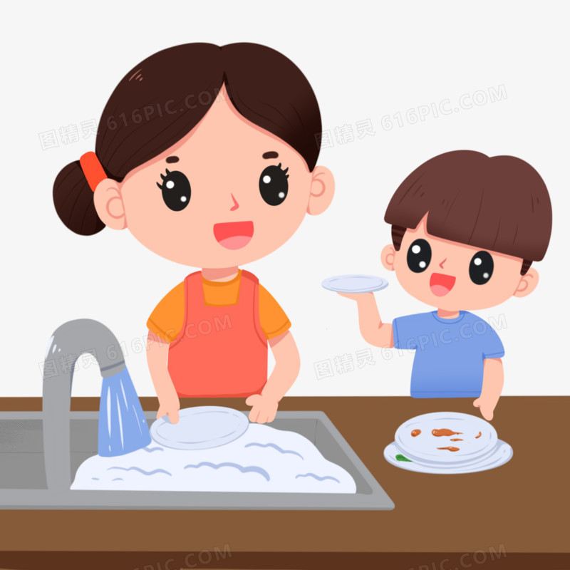 卡通手绘男孩帮妈妈洗碗免抠元素