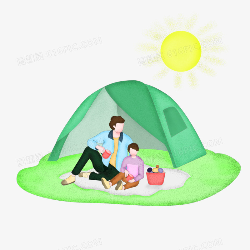 卡通大人和孩子一起在户外野营帐篷免抠元素