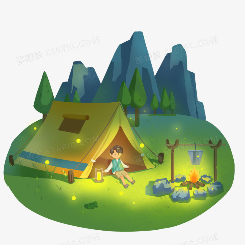 卡通手绘男孩在夜晚的山上搭帐篷素材