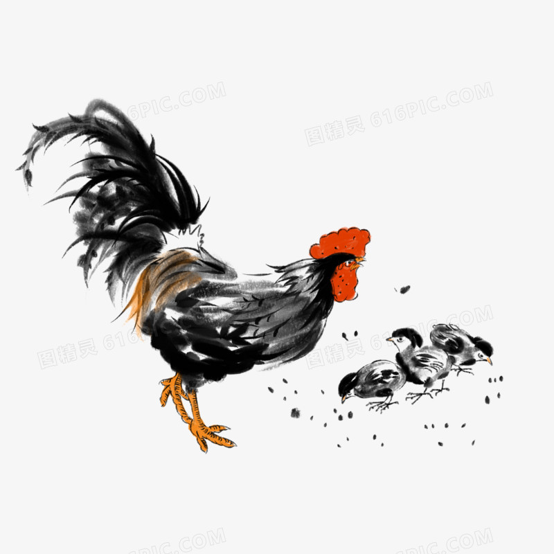 手绘水墨画国画大公鸡和小鸡免抠元素
