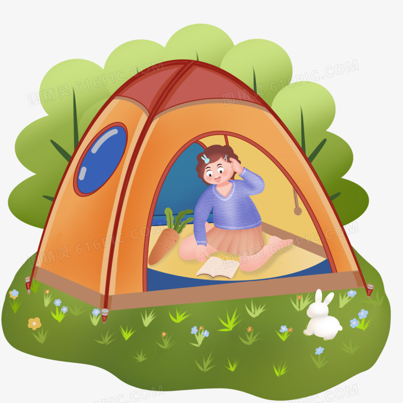 卡通手绘女孩在郊外搭帐篷野营元素