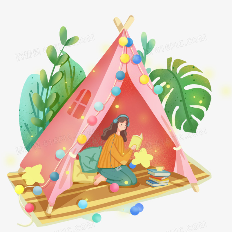 卡通手绘女孩在帐篷里看书休息素材