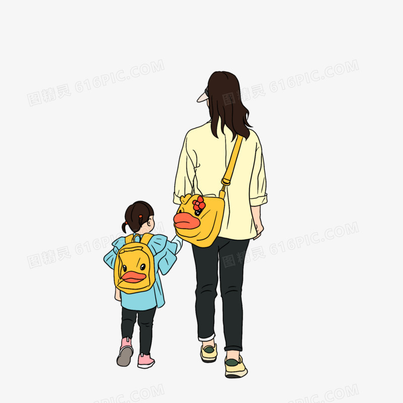 卡通妈妈和孩子背影素材