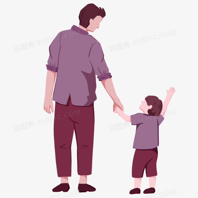 卡通父亲牵着孩子走路背影元素