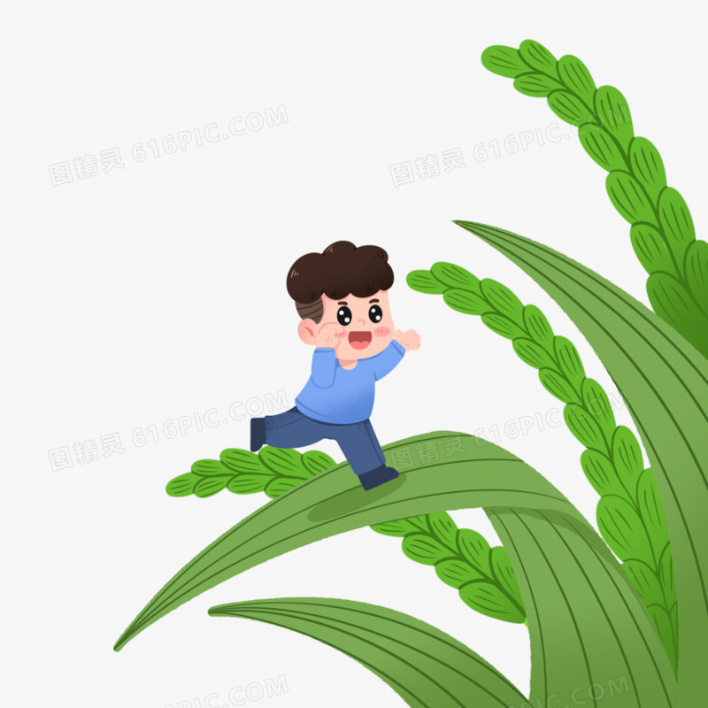 卡通手绘男孩在大麦穗上奔跑微景观元素