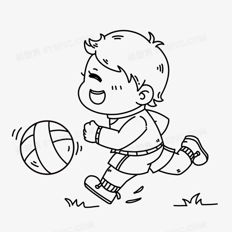 卡通线稿男孩在草地踢皮球素材