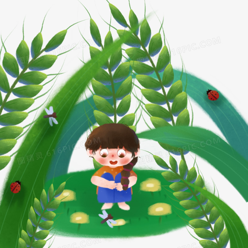 卡通手绘女孩坐在麦穗堆里观察蜻蜓免抠元素