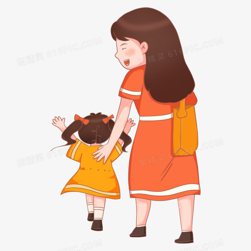 卡通妈妈和女儿一起走路背影免抠元素