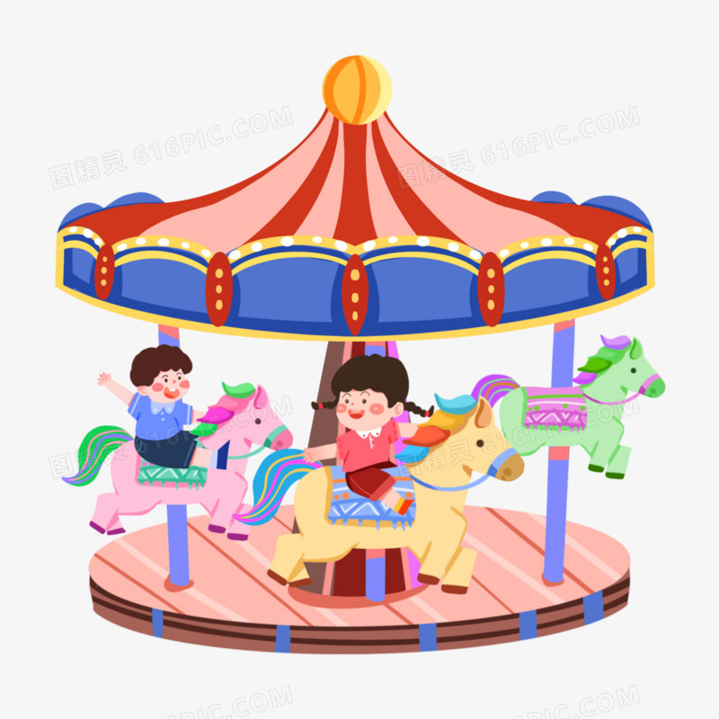 手绘孩子们在游乐场坐旋转木马免抠元素