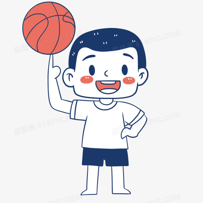 卡通蓝色线描儿童简笔打篮球人物素材