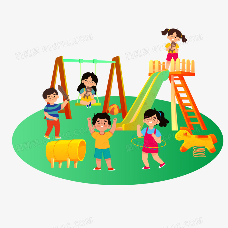 手绘矢量小孩在游乐场玩耍场景素材