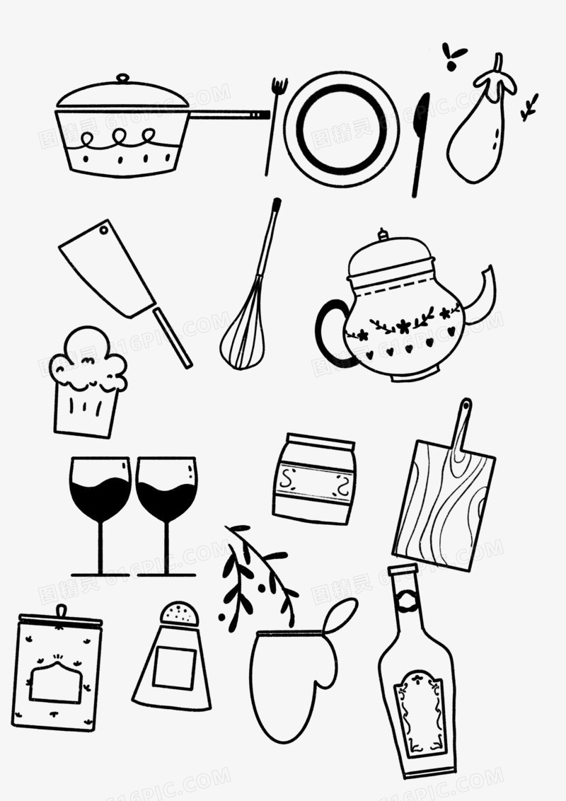 器皿一组合集系列套线稿简笔画涂鸦厨具图精灵为您提供卡通涂鸦风厨房