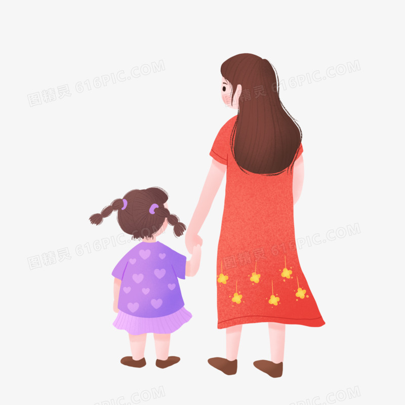 卡通妈妈和女儿人物背影免抠元素免抠元素