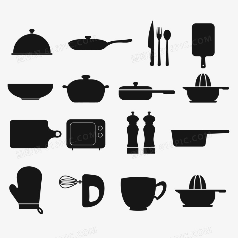 黑色矢量黑色餐饮图标厨具合集素材