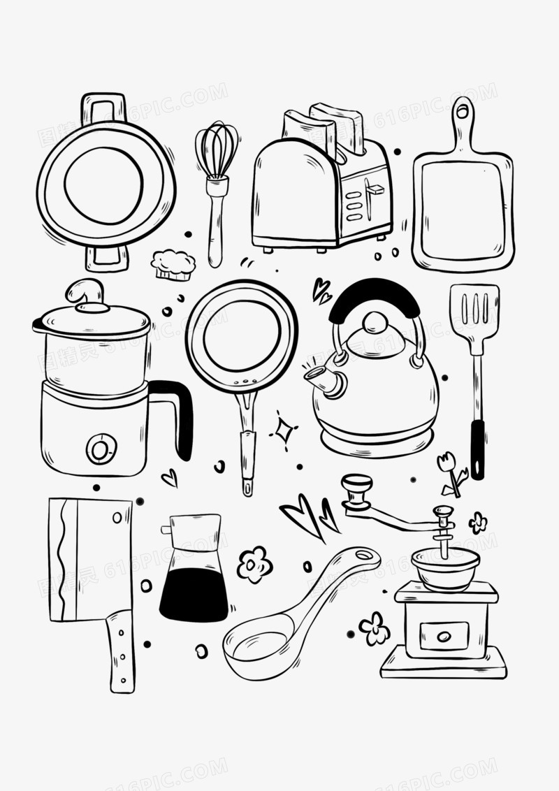 卡通简约风厨房用品单线黑白涂鸦合集