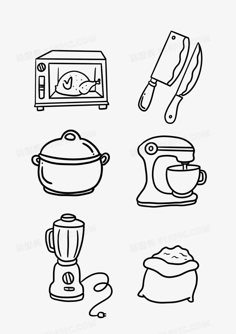 器皿一组合集系列套简笔画涂鸦厨具图精灵为您提供一组卡通厨房用品
