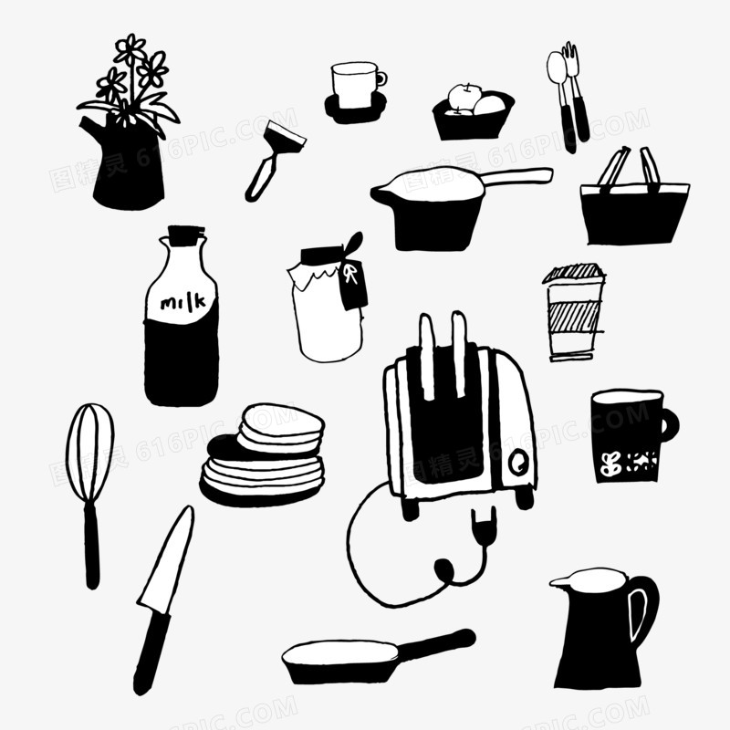 一组厨房用品单线黑白涂鸦合集元素