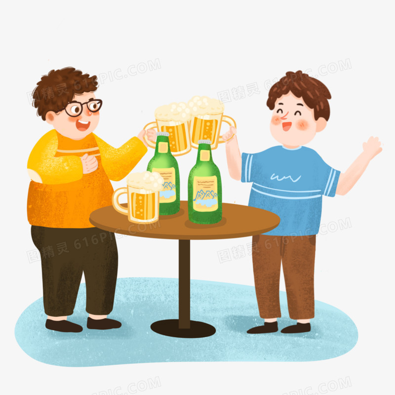 手绘卡通畅饮啤酒的两个人插画免抠元素