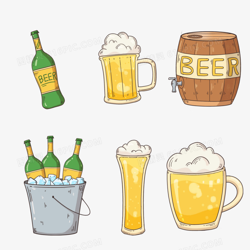 一组卡通手绘啤酒元素合集素材