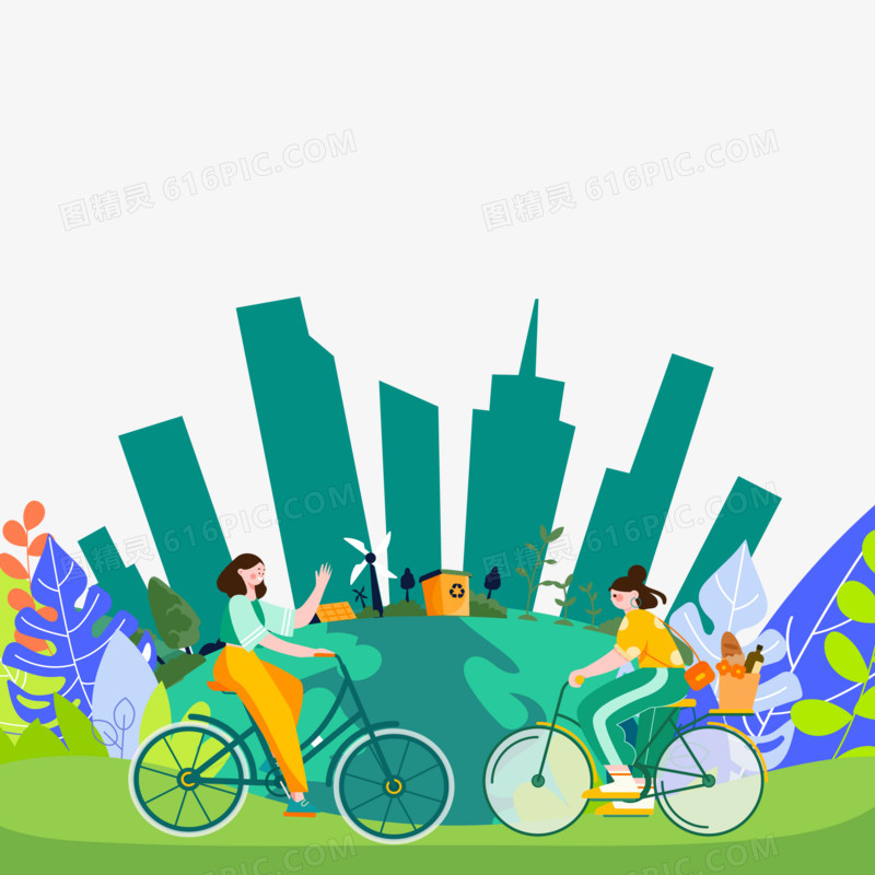 手绘矢量环保绿色出行自行车创意插画素材