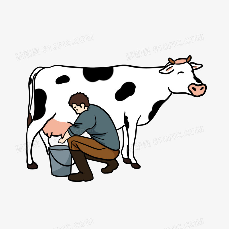 卡通放牛员挤牛奶元素