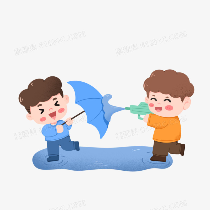 卡通手绘两个可爱的小男孩夏季打水仗免抠元素