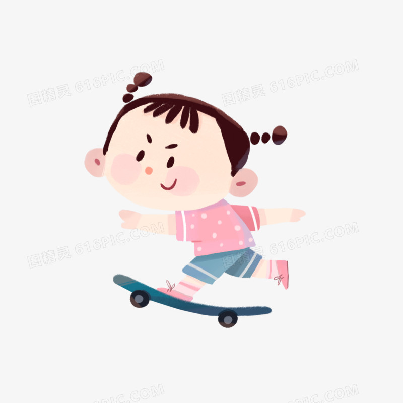 卡通女孩玩滑板免抠元素