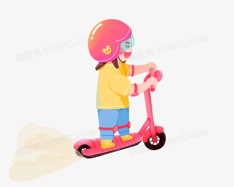 手绘卡通女孩滑滑车免抠元素