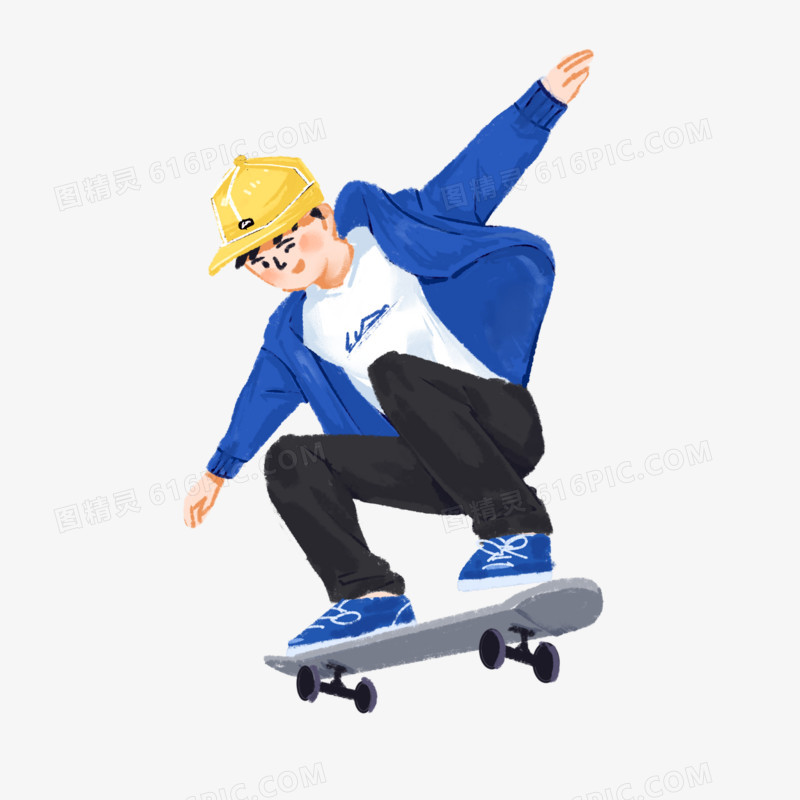 手绘男孩滑滑板插画元素