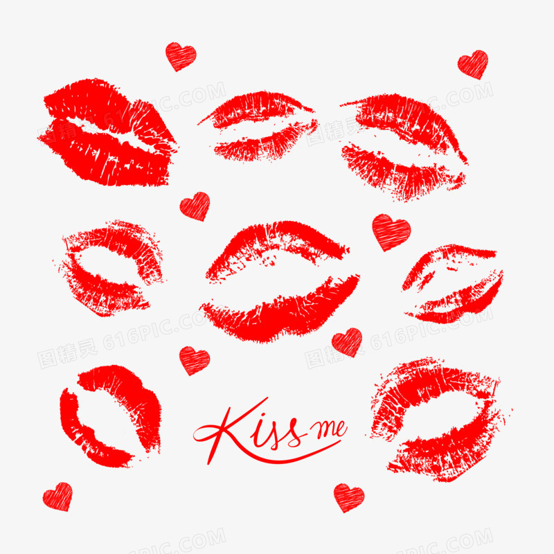 红色爱心接吻唇印底纹素材