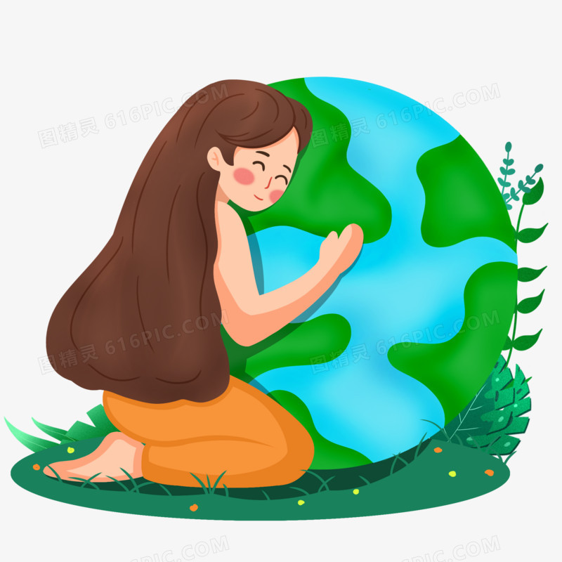 手绘卡通拥抱地球的小女孩素材