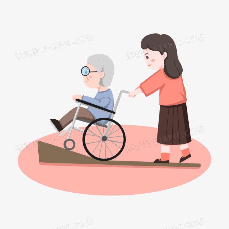 一组卡通帮助老年人助老服务套图之推轮椅元素